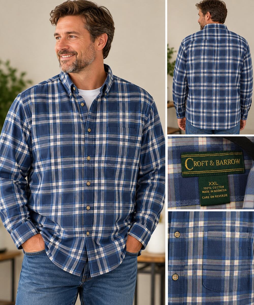 Croft & Barrow Mens XXL Blue Plaid 100% Cotton Button Down Long Sleeve Shirt